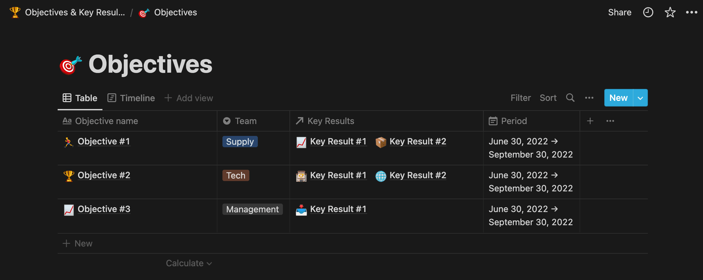 image of objectives in Notion OKR Template